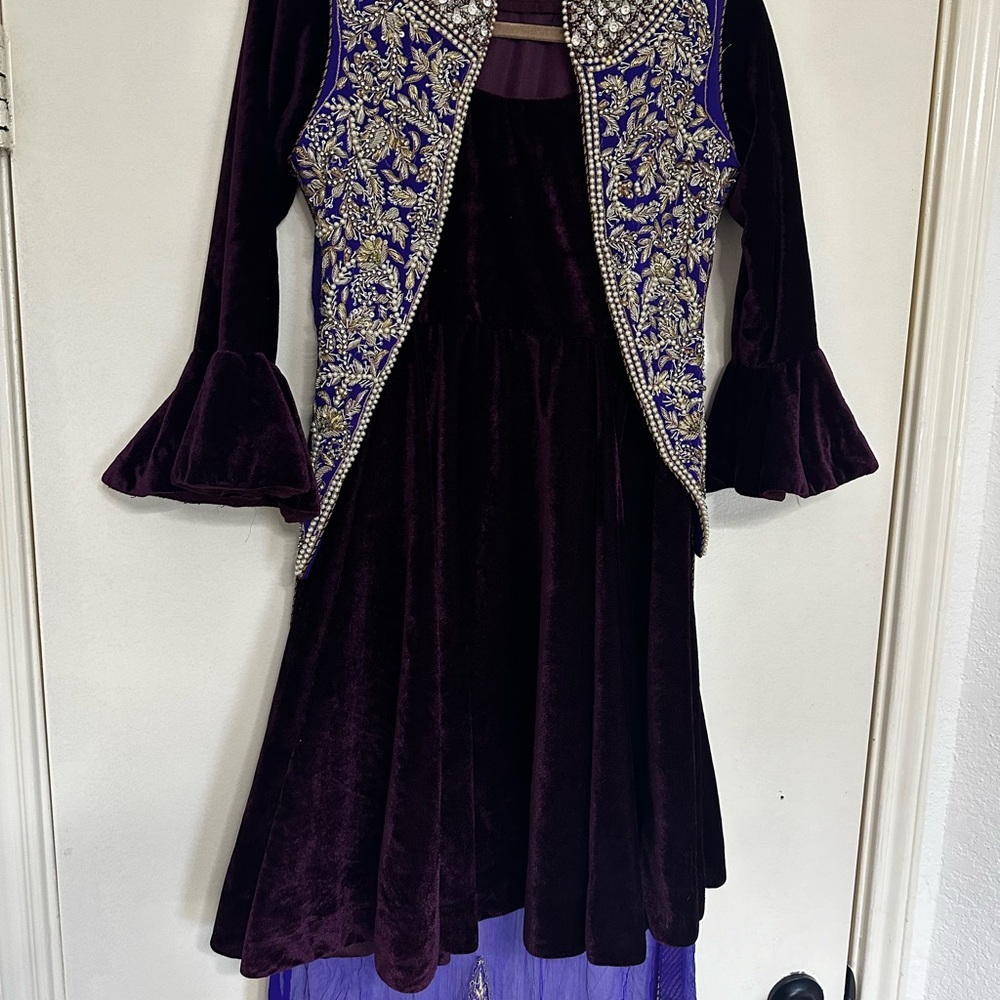 Elegant Purple Velvet Dress with Embellished Jacket